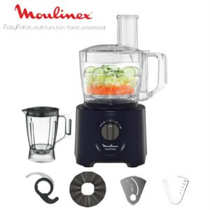 Moulinex Easy Force, Robot Cuisine Multifonction Compact 3L, 800W, 2 Vitesses + Pulse, 25 fonctions, 6 accessoires, Blender, Râpes, Bleu, FP247810