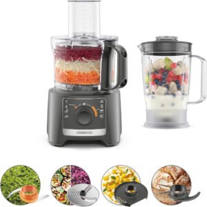 Kenwood MultiPro Compact FDP31.170GY, Robot Culinaire, Fonction Pétrissage et Disque Trancheur, Blender 1.2L, 2 Vitesses + Pulse, Bol 2.1L, 800W, Gris
