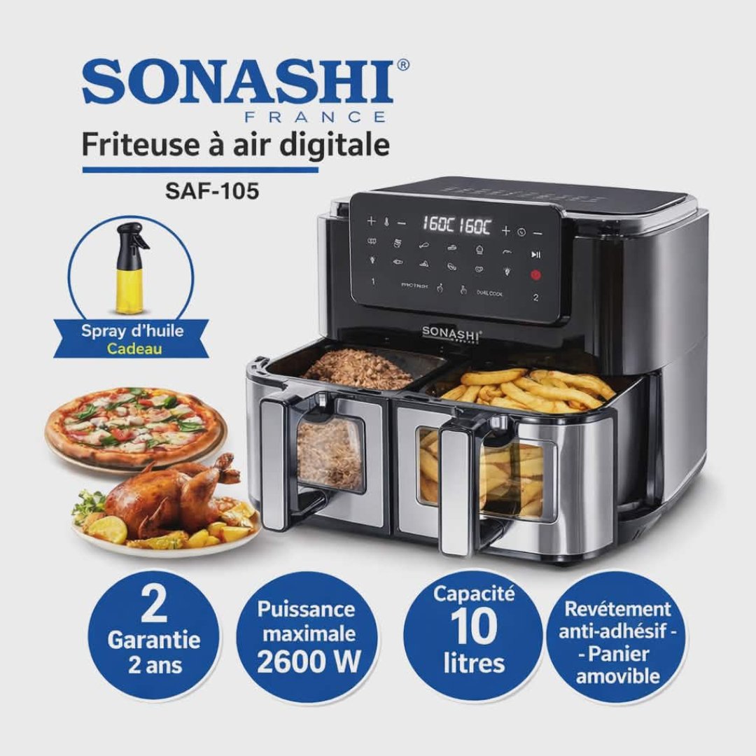 Friteuse à Air Digitale SONASHI SAF-105 10 Litres – Double Bac – 2600W – Écran Tactile - الصورة 3