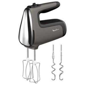 Batteur électrique Moulinex Powermix Silence HM650E 600W avec fouets inox et crochets pétrisseurs pour pâtisserie et pain maison.
