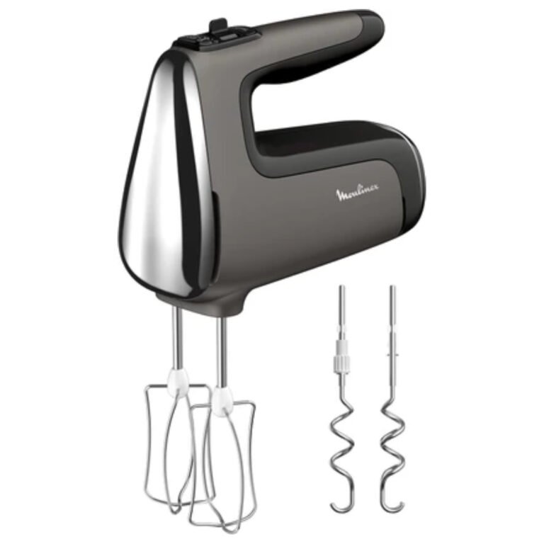 Batteur électrique Moulinex Powermix Silence HM650E 600W avec fouets inox et crochets pétrisseurs pour pâtisserie et pain maison.
