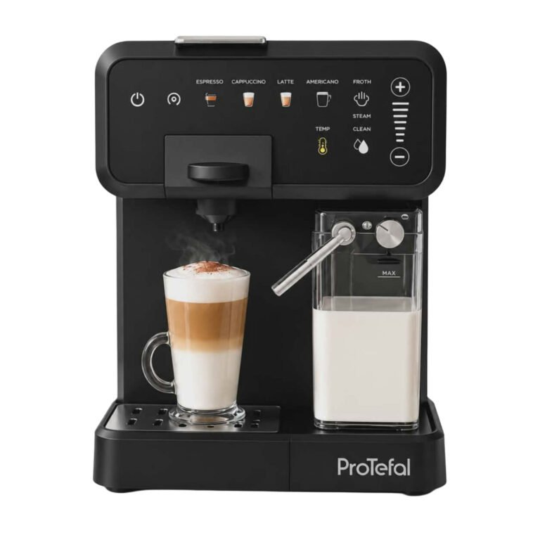 Machine à café ProTefal 4en1 compatible capsules Nespresso Dolce Gusto Lavazza et café moulu avec mousseur à lait 20 Bar noire élégante.