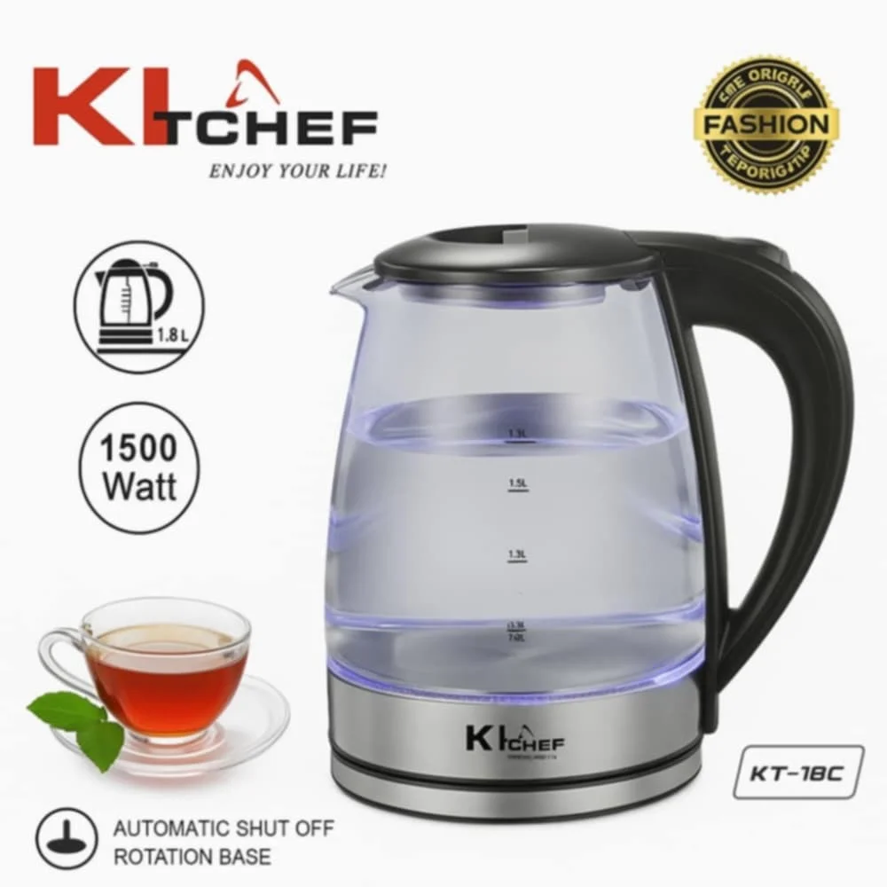 Bouilloire-Electrique-en-Verre-1.8L-–-1500W-avec-LED-Arret-Automatique-KITCHEF-KT-18C.webp Bouilloire Électrique en Verre 1.8L – 1500W avec LED & Arrêt Automatique | KITCHEF KT-18C - الصورة 1