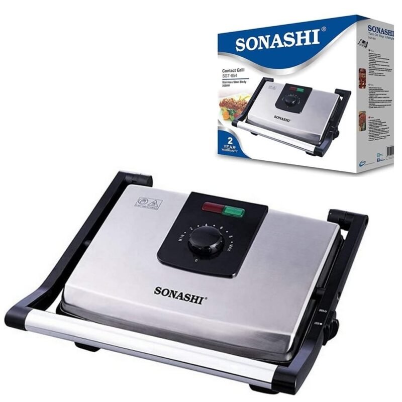 Sonashi Panineuse & Grill SGT-854 2000W en inox avec plaques antiadhésives