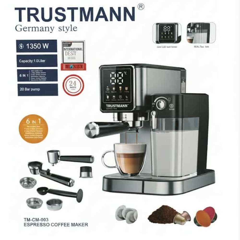 trustmann-tm-cm003-machine-cafe-expresso-6en1-20bars.jpg Machine à Café Expresso TRUSTMANN TM-CM-003 6 en 1 20 Bars compatible café moulu et capsules