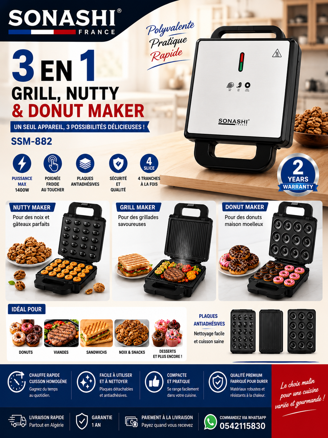Snack Maker Sonashi SSM-882 3 en 1 1400W avec plaques pour gaufres, panini et grill